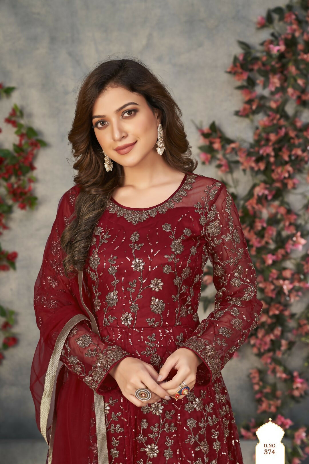 Anaita Maroon Embroidered Net Stitched Anarkali suit - Distacart
