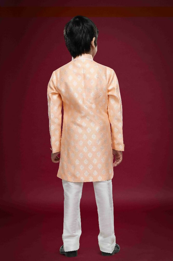 Raivat Ethnic Kids Banarasi Jacquard Woven Work Semi Indo Western Set Peach Colour