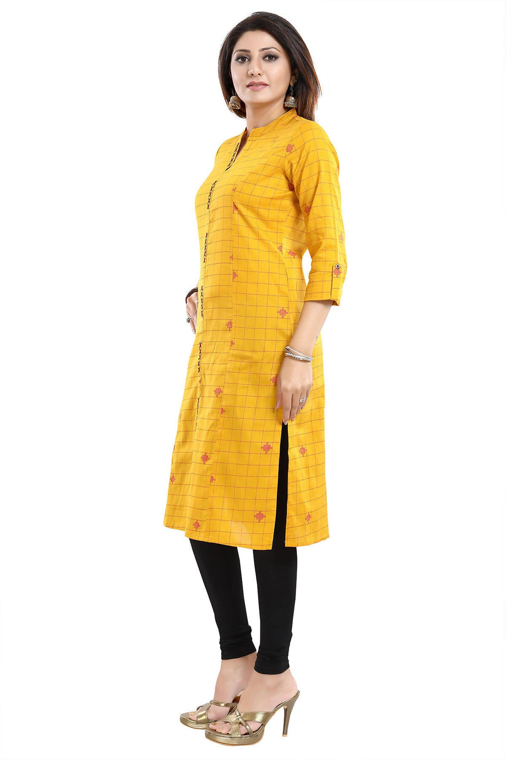 Snehal Creations Checkered Print Yellow Long Cotton Kurti - Distacart