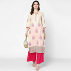 Cheera Hand Block Print Cream Straight Kurta (MAAI-061K)
