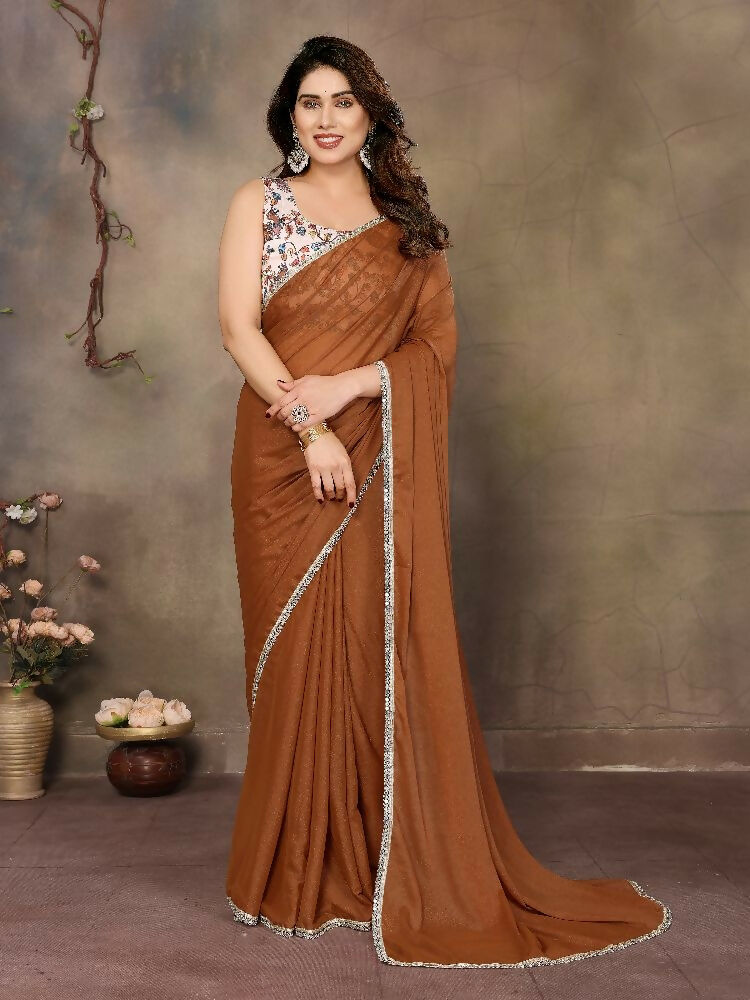 PR Fashion Brown Star Georgette Solid Georgette With Mirror Border Saree