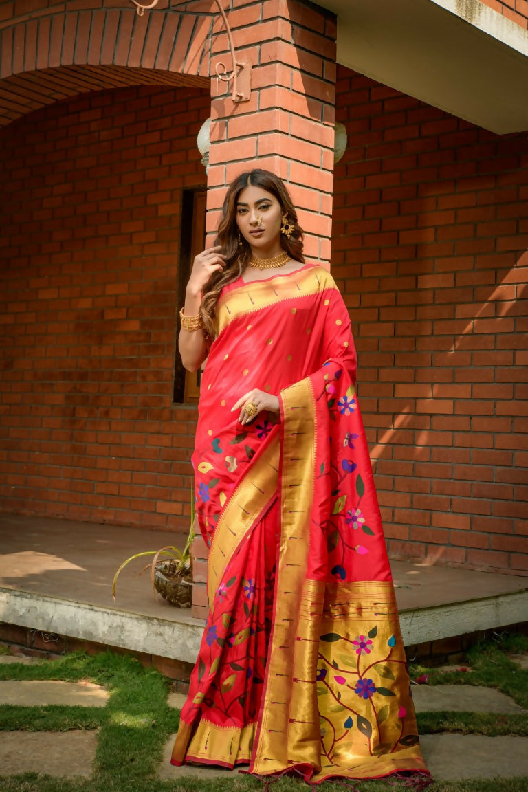 Jyoti Fashion Women's Gajri Red Paithani Silk Zari Woven Saree with Blouse