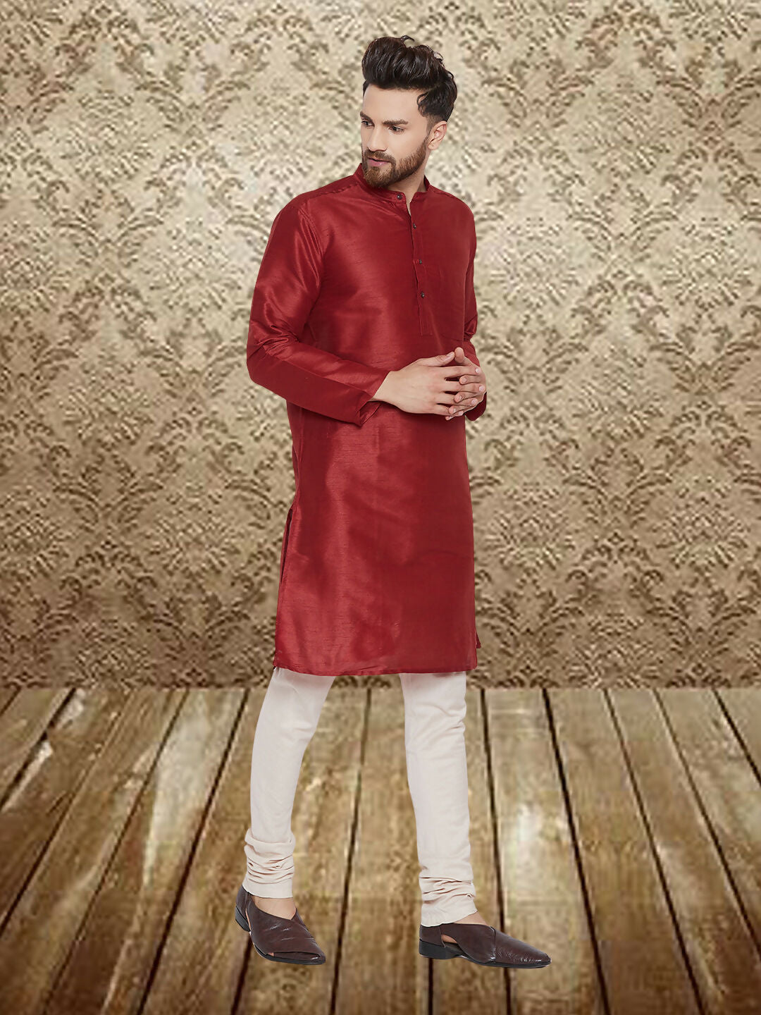 Even Apparels Men's Art Silk Maroon Kurta