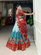 Vastranavya Kalamkari Print With Weaving Border Lehenga with Unstitched Blouse - Sky Blue