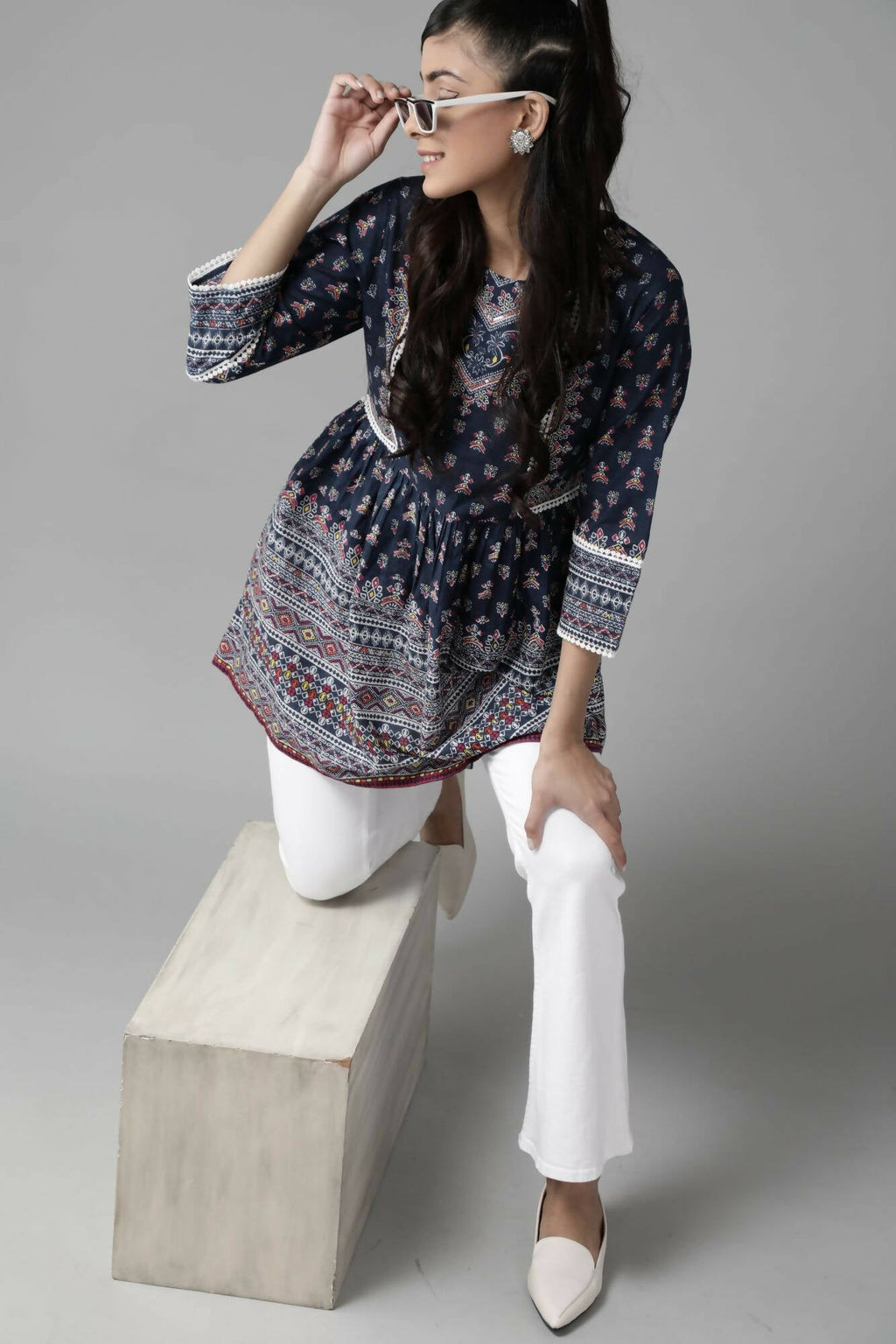 Juniper Women Indigo Cambric Printed A-Line Tunic - Distacart