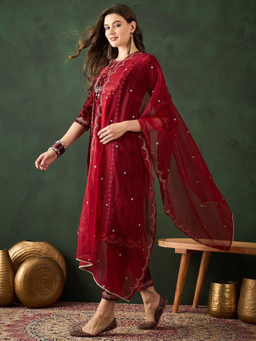 Sangria Embroidered A-Line Kurta & Trousers With Dupatta
