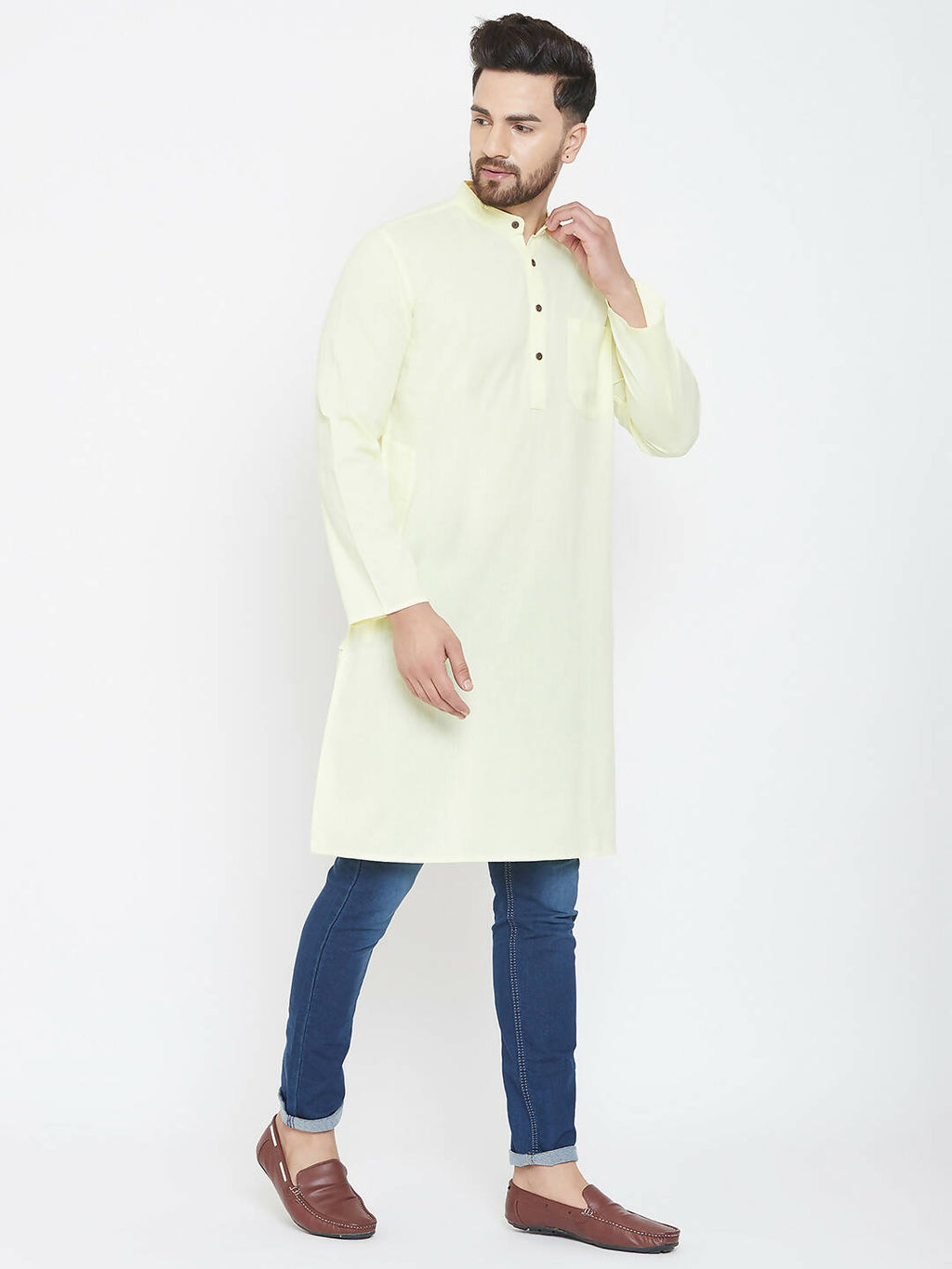 Even Apparels Yellow Color Men's Pure Cotton Kurta With Band Collar - Distacart