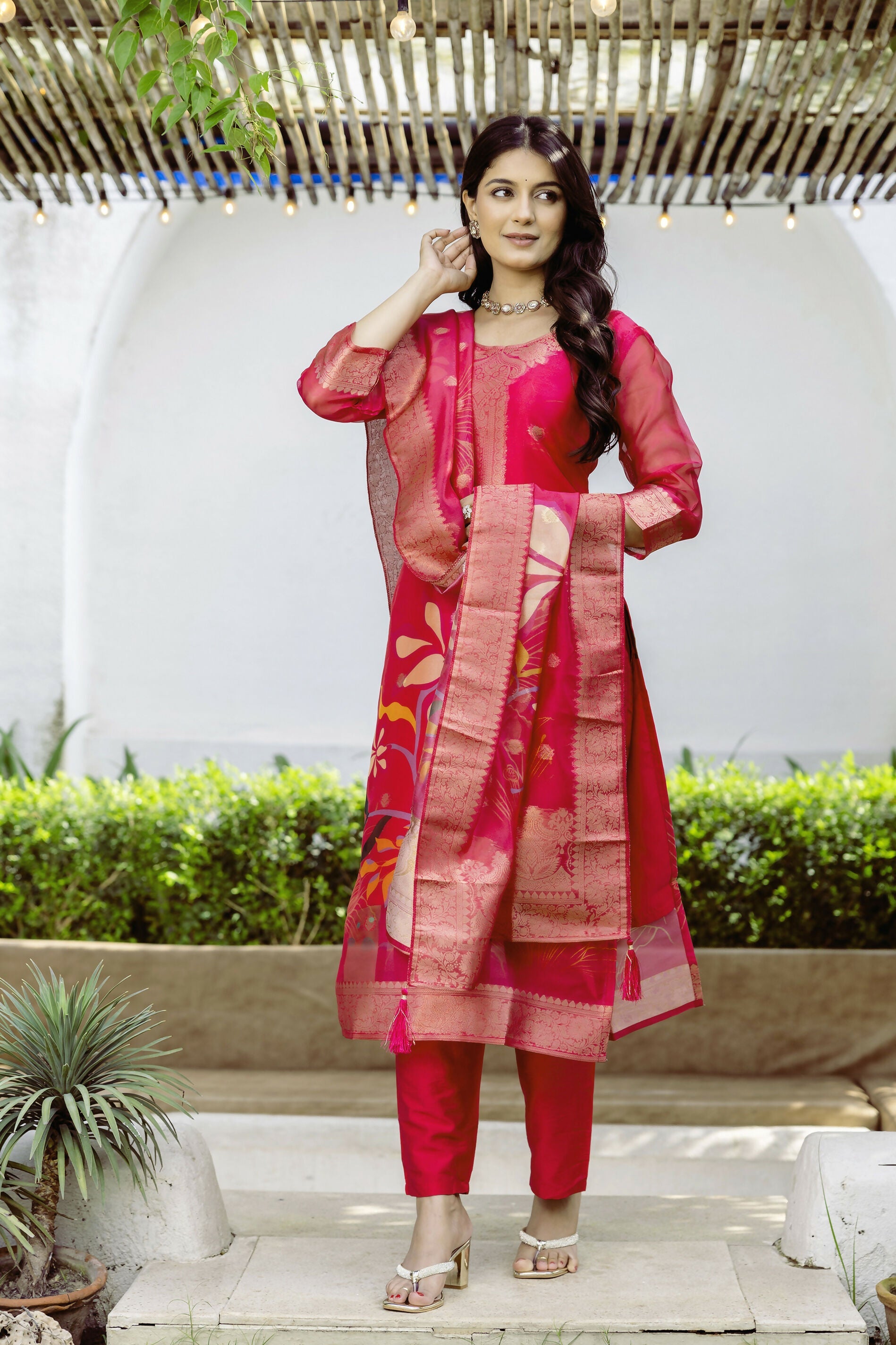 The52 Women's Beautiful Printed Work Jacquard Organza Fabric Straight Kurta Pant and Dupatta Set - Distacart