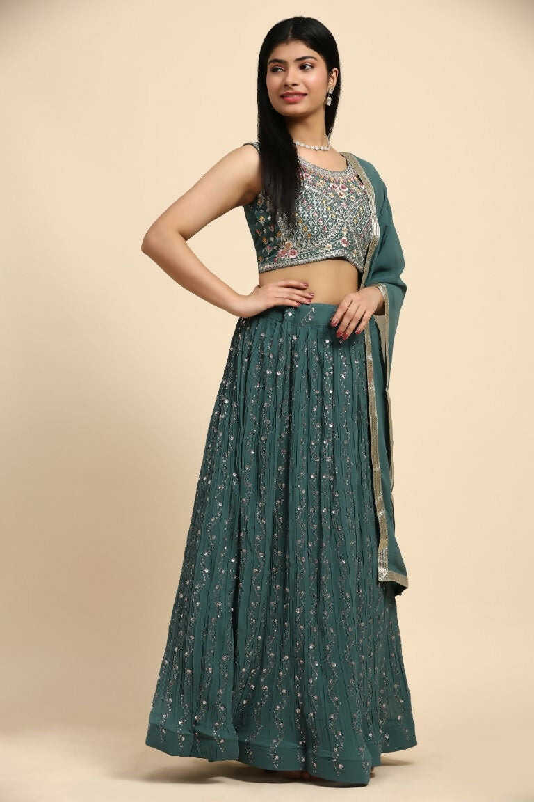 Green Georgette Embroidered Lehenga choli with Dupatta - Dhara
