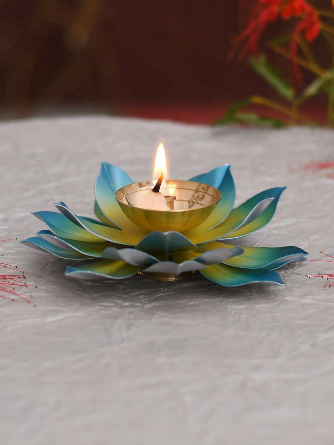 CraftVatika Blue Lotus Hand Painted Diya Metal