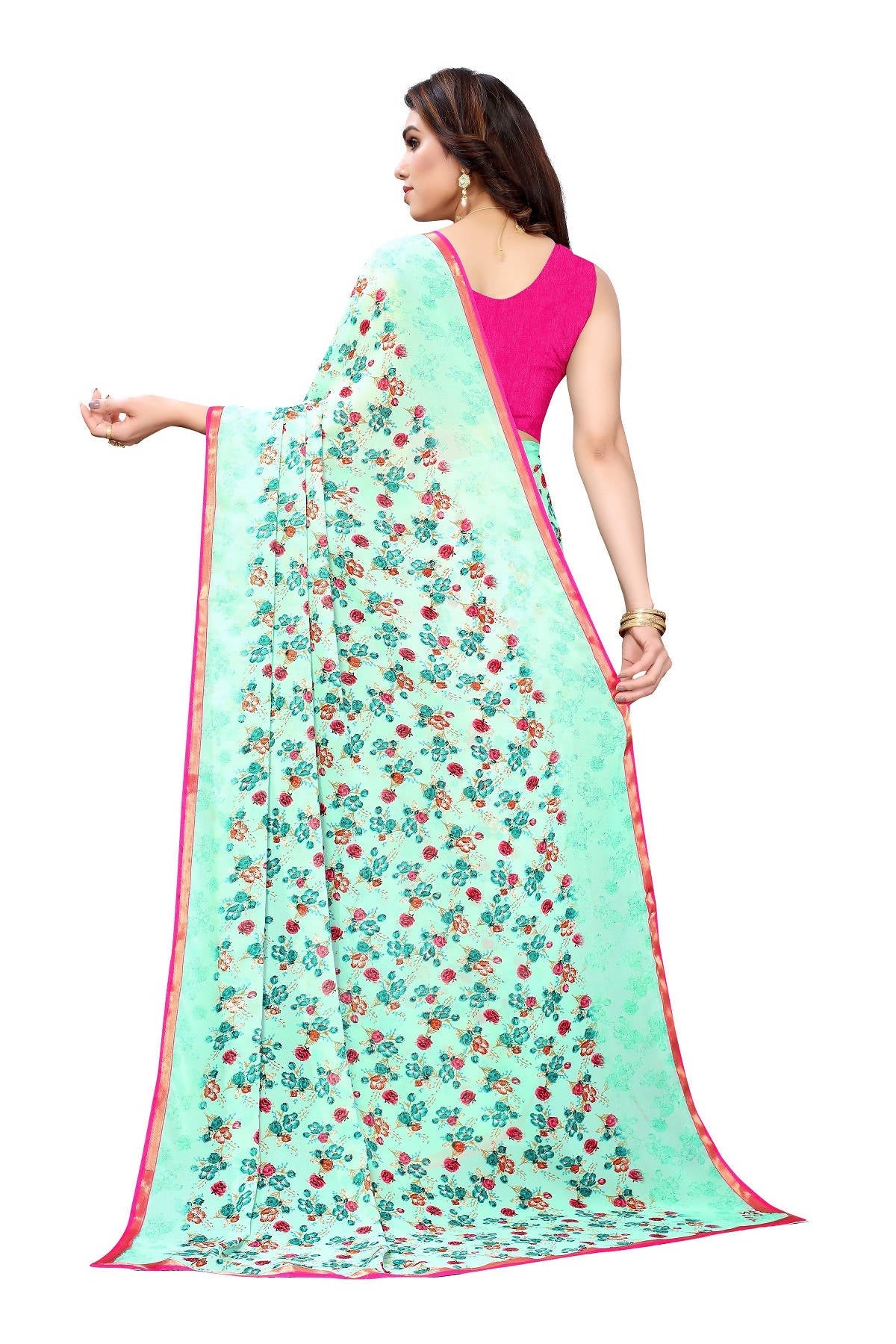 Vamika Ethnic Fire Green Printed With Lace Saree - Distacart
