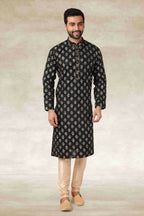 Raivat Ethnic Cotton Printed Work Kurta Pajama In Black Colour