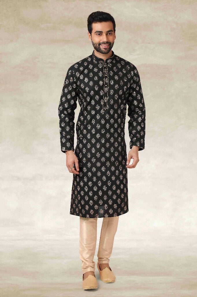 Raivat Ethnic Cotton Printed Work Kurta Pajama In Black Colour
