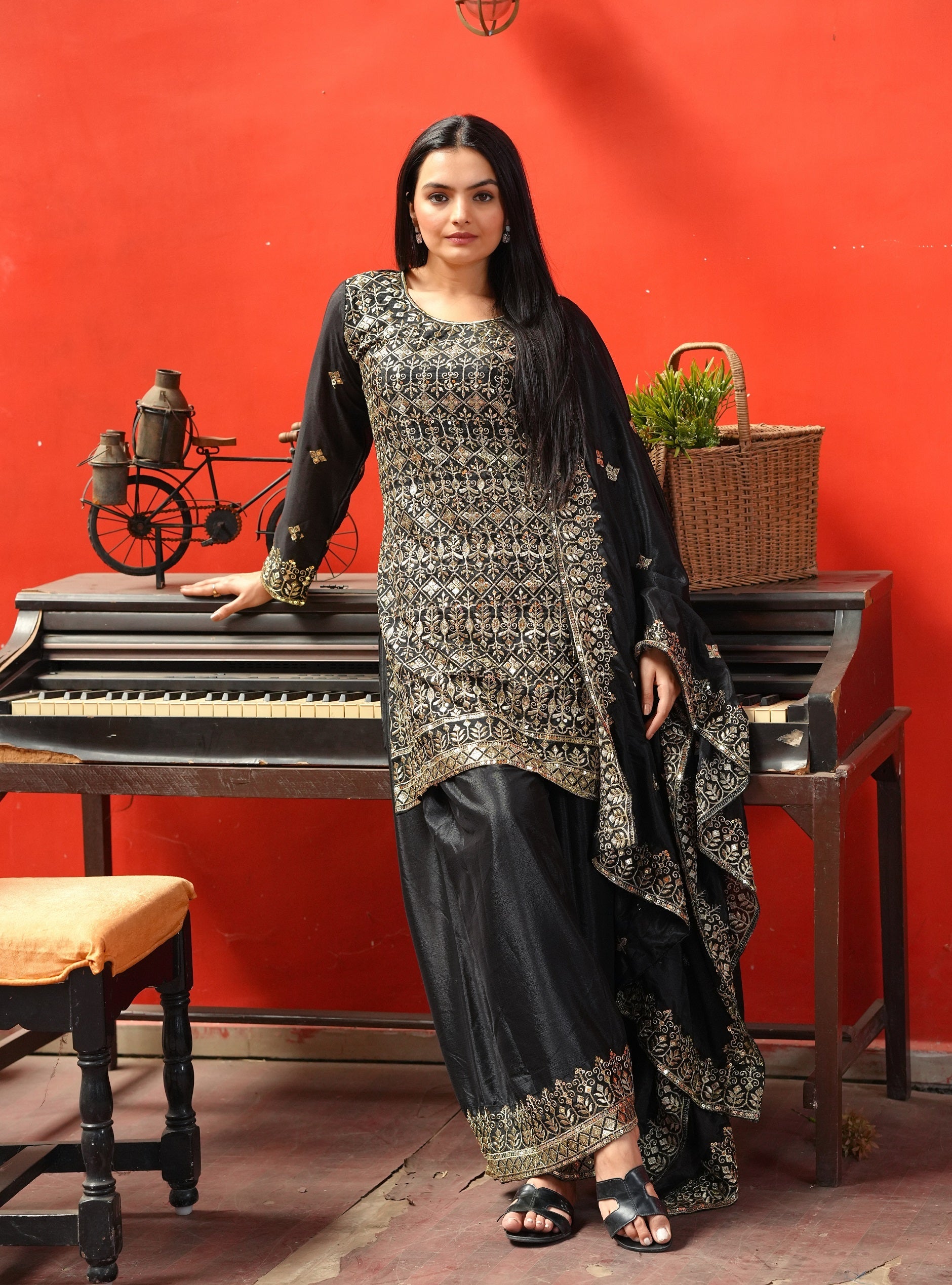 Lehenga Mart Designer Chinon Sharara Suit With Sequence Embroidered Work - Black - Distacart