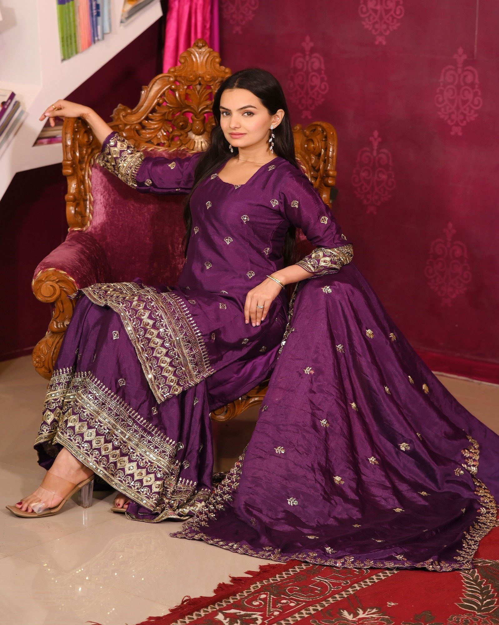 Lehenga Mart Designer Chinon Suit With Sequence Embroidered Work - Wine