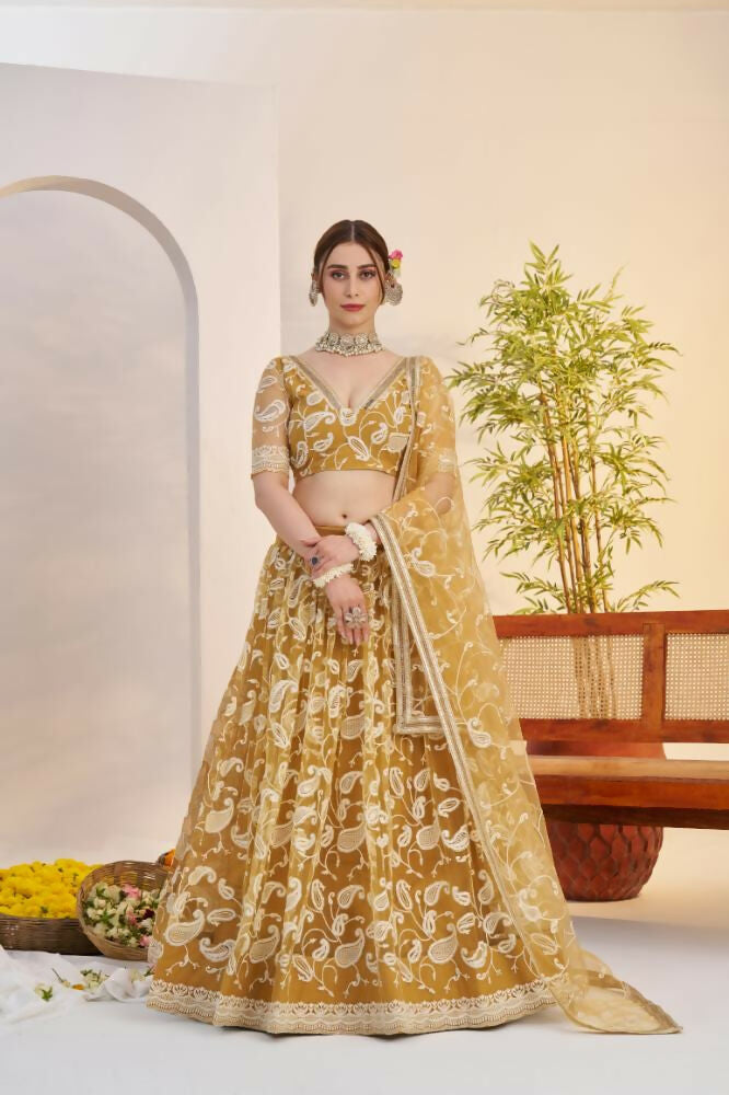 Aastha Fashion Light Golden Butterfly Net White Cotton Thread Work And Sequence Work Embroidery Wedding Wear Lehenga Choli