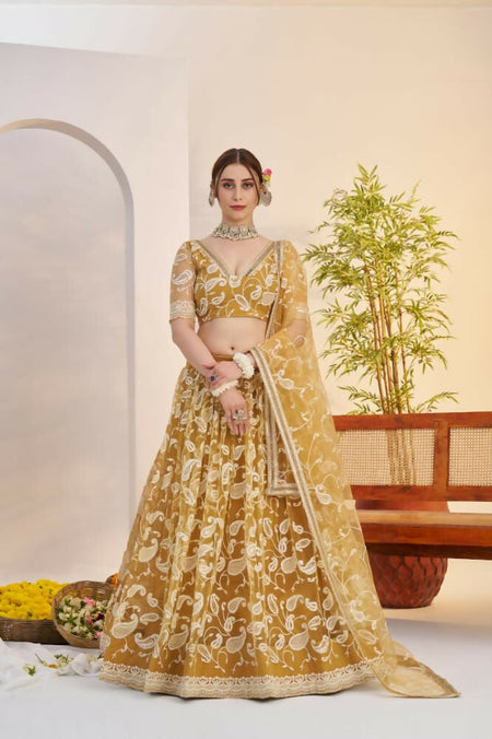 Aastha Fashion Light Golden Butterfly Net White Cotton Thread Work And Sequence Work Embroidery Wedding Wear Lehenga Choli