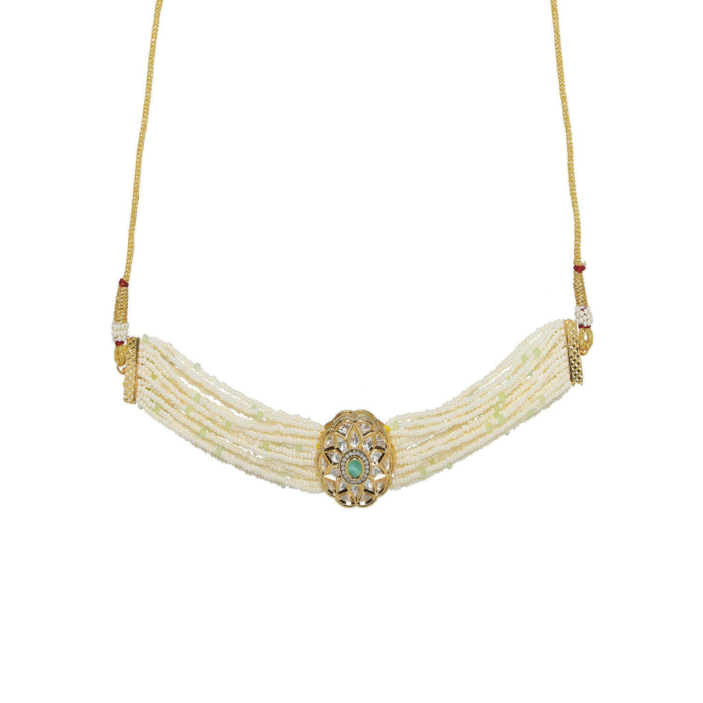 Pearl and Kundan Choker with Intricate Flower Design (White) - Ruby Raang