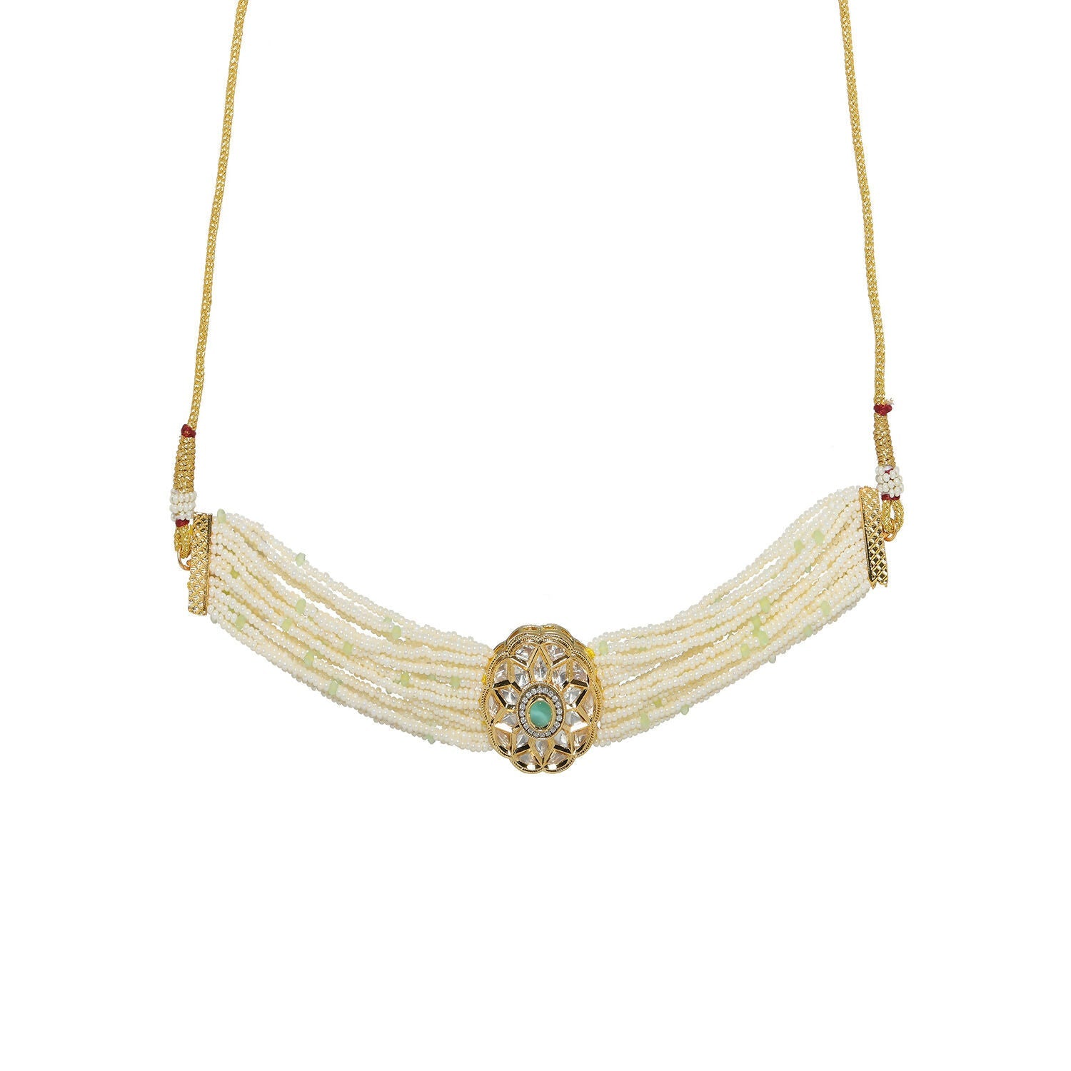 Pearl and Kundan Choker with Intricate Flower Design (White) - Ruby Raang