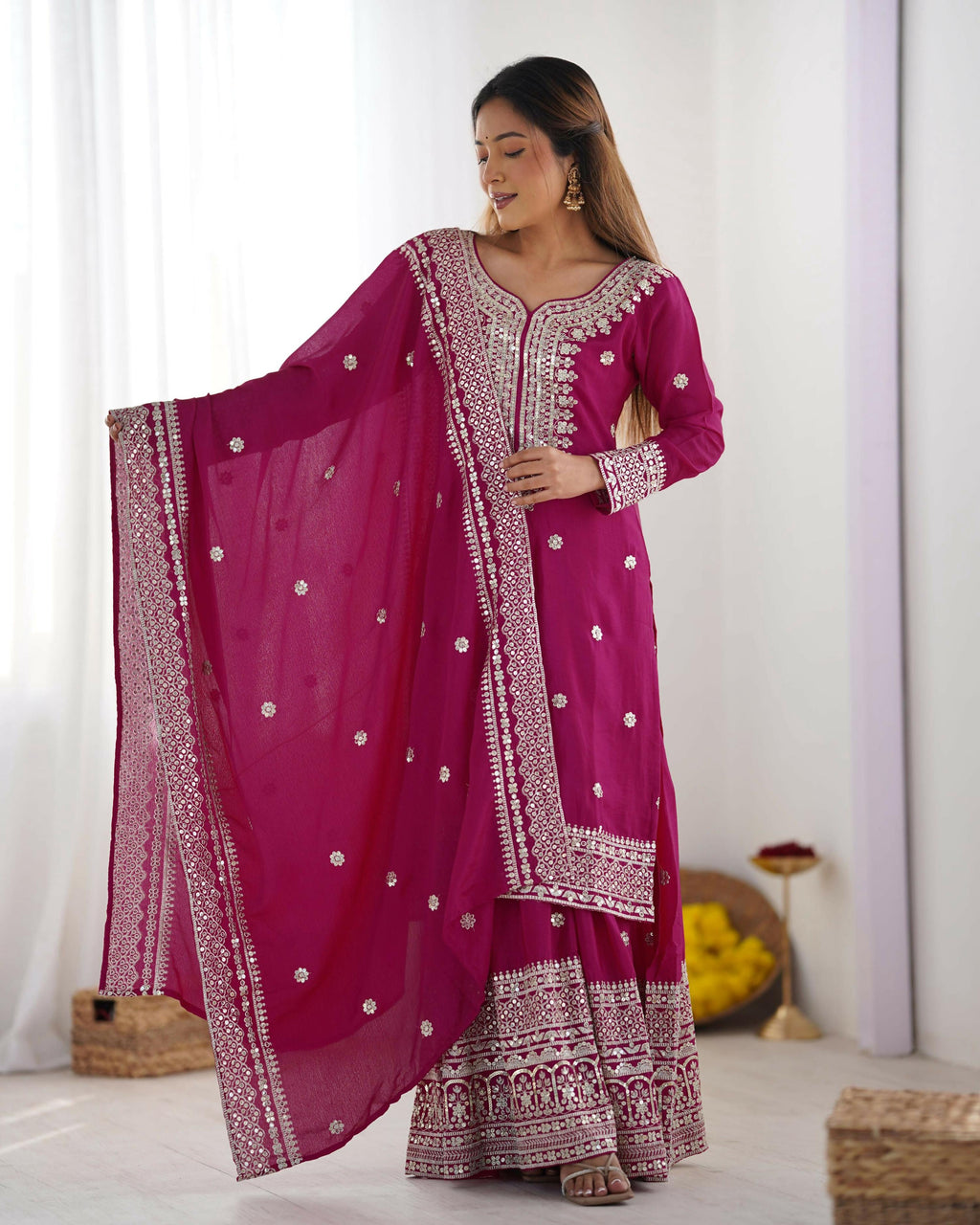 Joban Fashion Pink Kurta Set Silk Sequins , Zari, Coding & Thread Embroidered work - Distacart