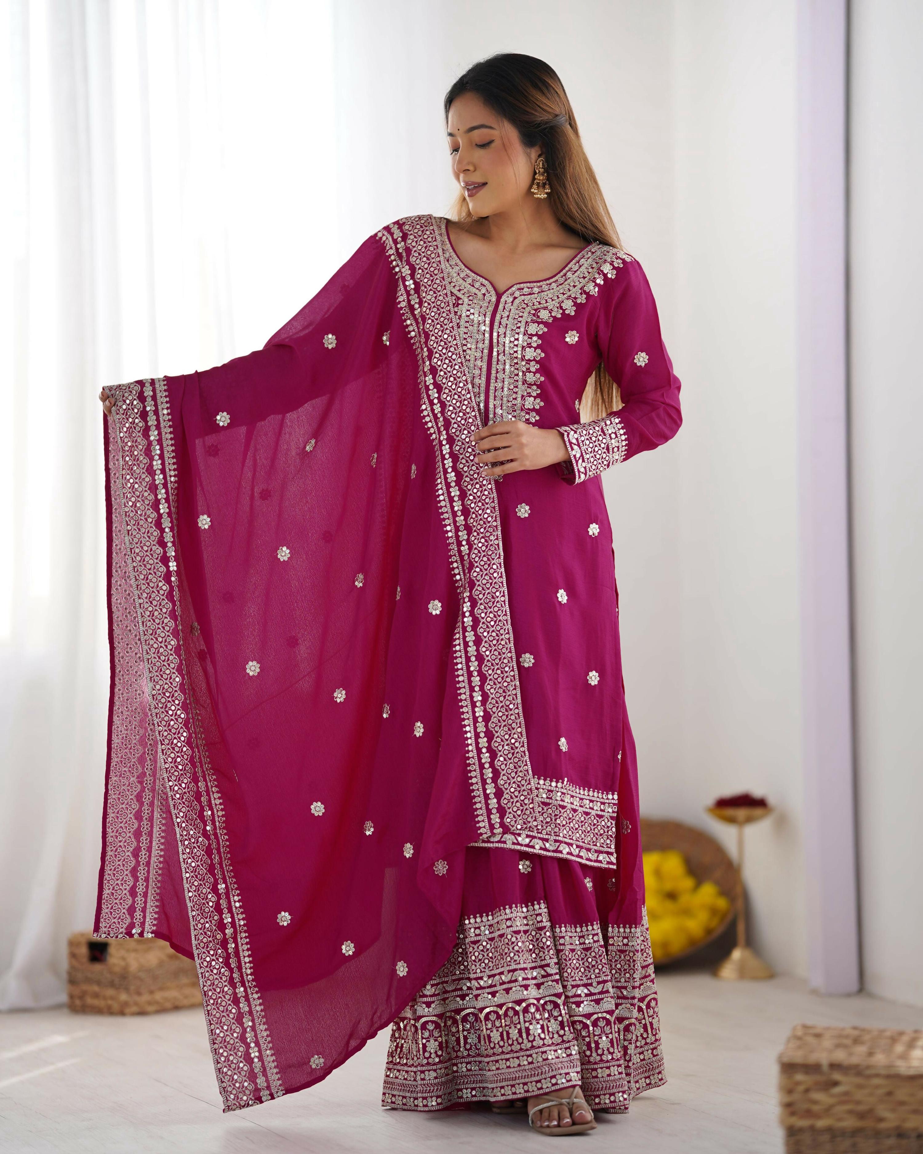 Joban Fashion Pink Kurta Set Silk Sequins , Zari, Coding & Thread Embroidered work - Distacart