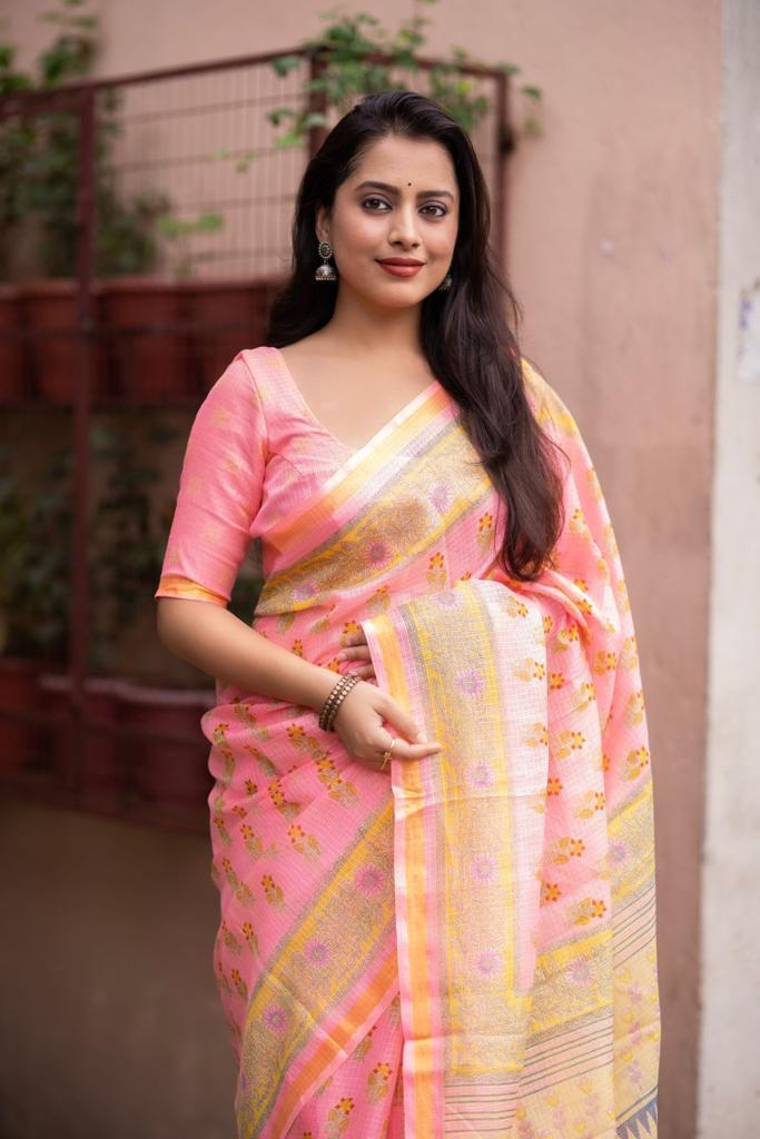 Pink Silk Blend Geometric Saree with Unstitched Blouse - Hiral Fashion