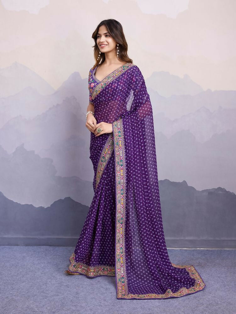 Purple Georgette Bandhani Printed,Embroidery Work Saree - Surkhi