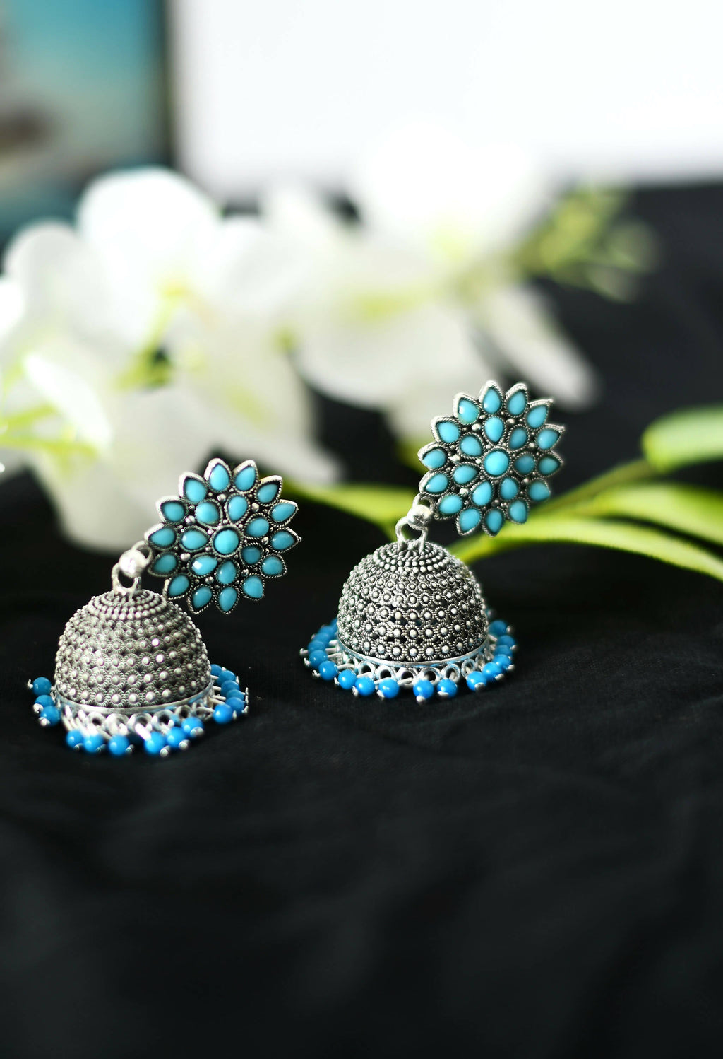 Mominos Fashion Joharkamal Kundan work Jhumka with Sky Blue Beads - Distacart