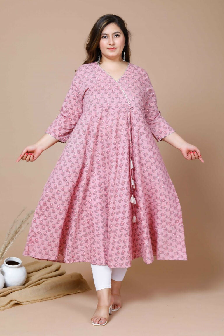 Miravan Women's Pink Plus Size Cotton Floral Print Long Anarkali Kurta