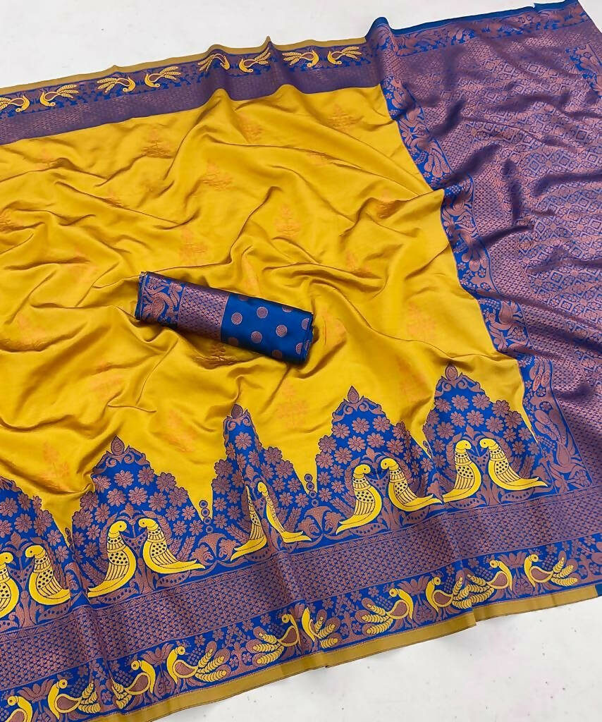 DEIANA'S Beautiful Designer Golden zari Soft Lichi Silk Saree - Yellow