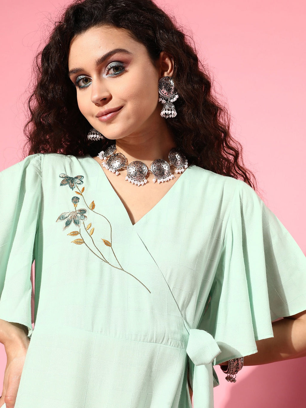 Yufta Embroidered Tiered Wrap Dress - Distacart