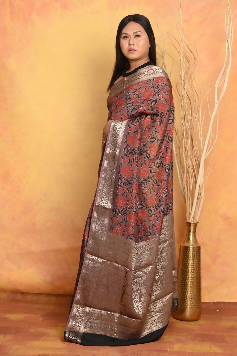 Very Much Indian Modal Silk Ajrakh Handblock Printed Natural Dyes With Designer Border Saree - Maroon