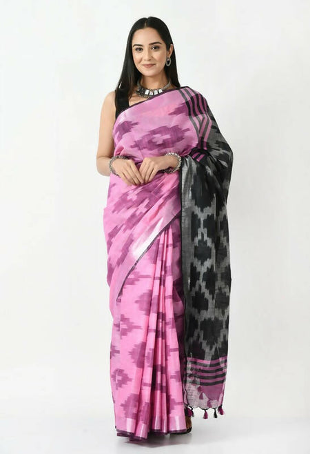 Mominos Fashion Moeza Pink & Black Bhagalpuri Handloom Ikat Pure Cotton Saree with unstitched Blouse piece