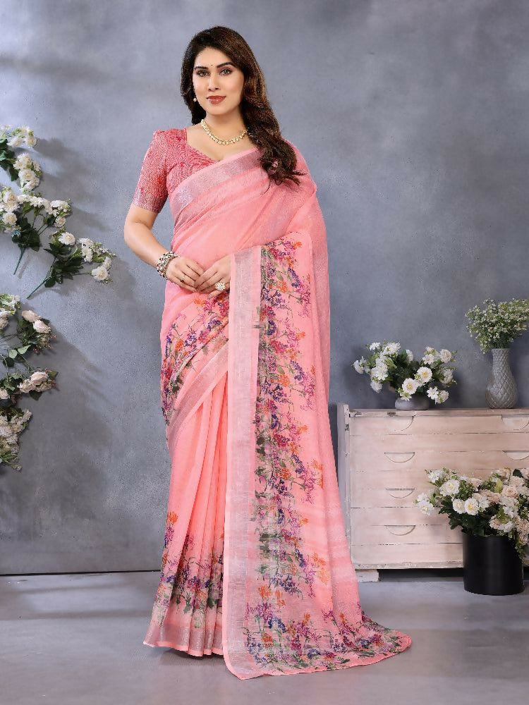 PR Fashion Peach Handloom Linen Cotton Saree