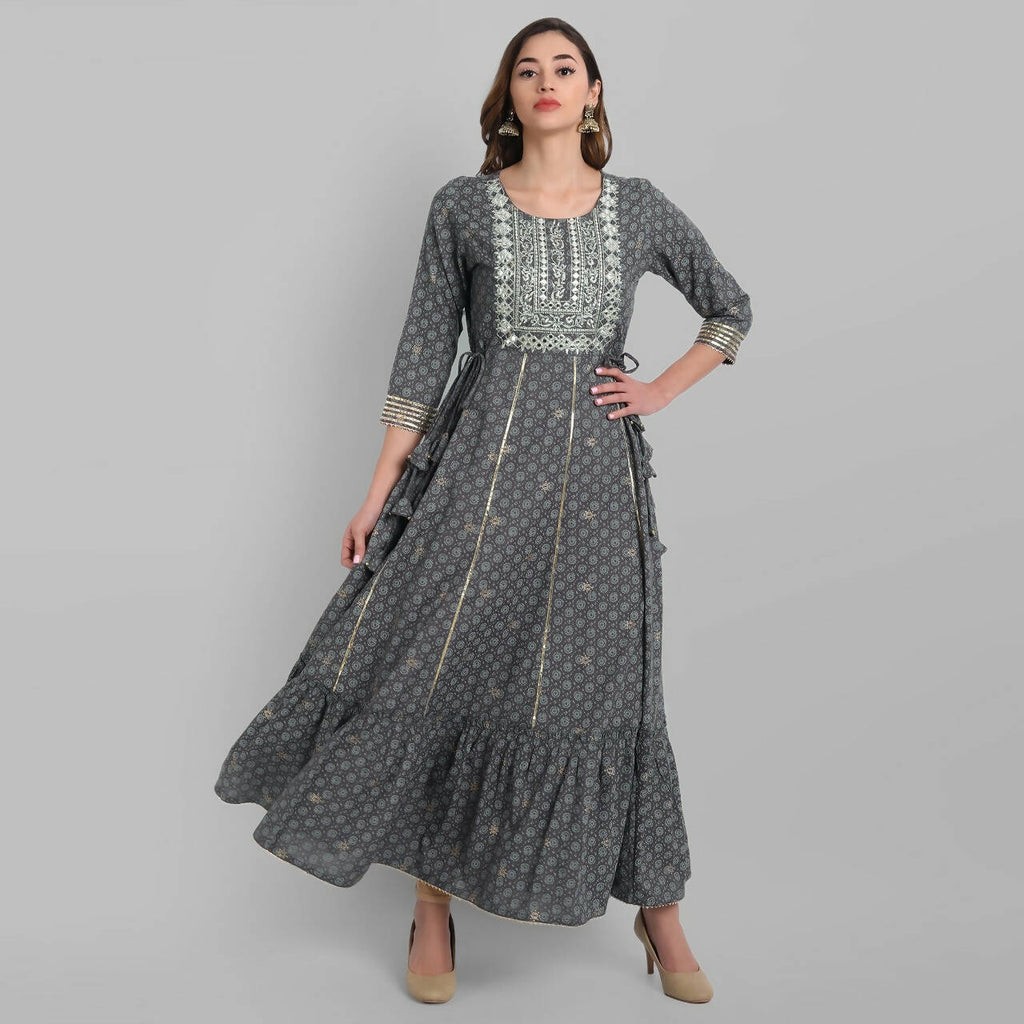Juniper Grey Rayon Festive Wear Embroidered Tiered Long Dress - Distacart