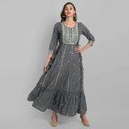Juniper Grey Rayon Festive Wear Embroidered Tiered Long Dress - Distacart