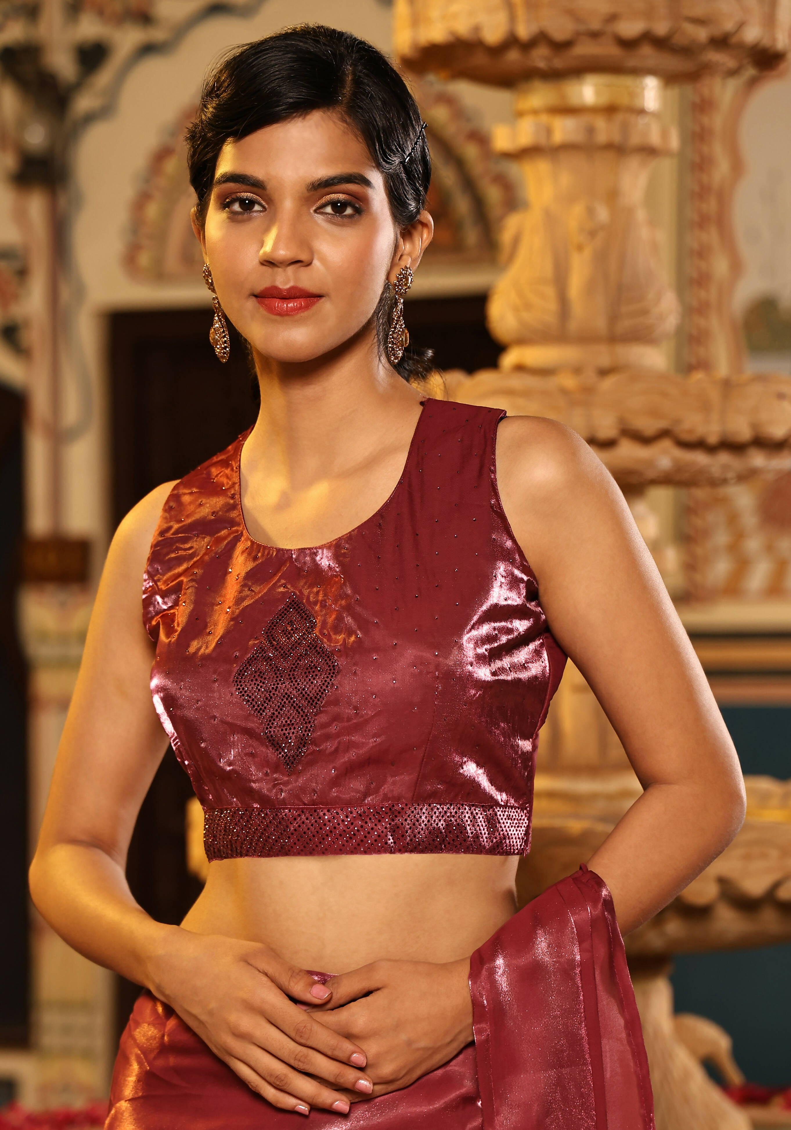 Maroon Tom Silk Plain Ready To Wear Saree With Stitched Blouse - Satiksha