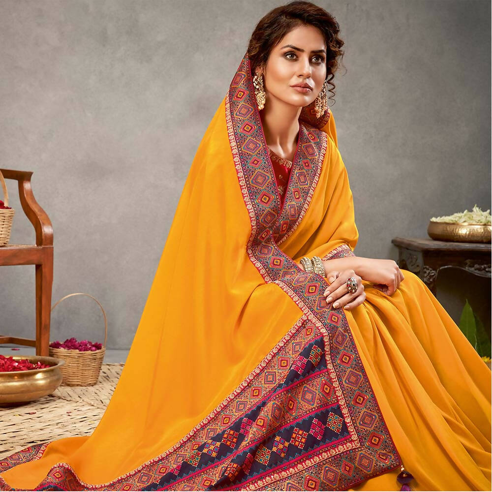 Yellow Satin Silk Zari, Cord And Sequins Embroidery Saree - Norita Arinya