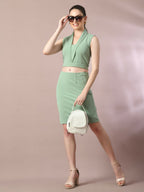 Myshka Women's Sea Green Solid Shawl Neck Party Top With Skirt Co-ord set