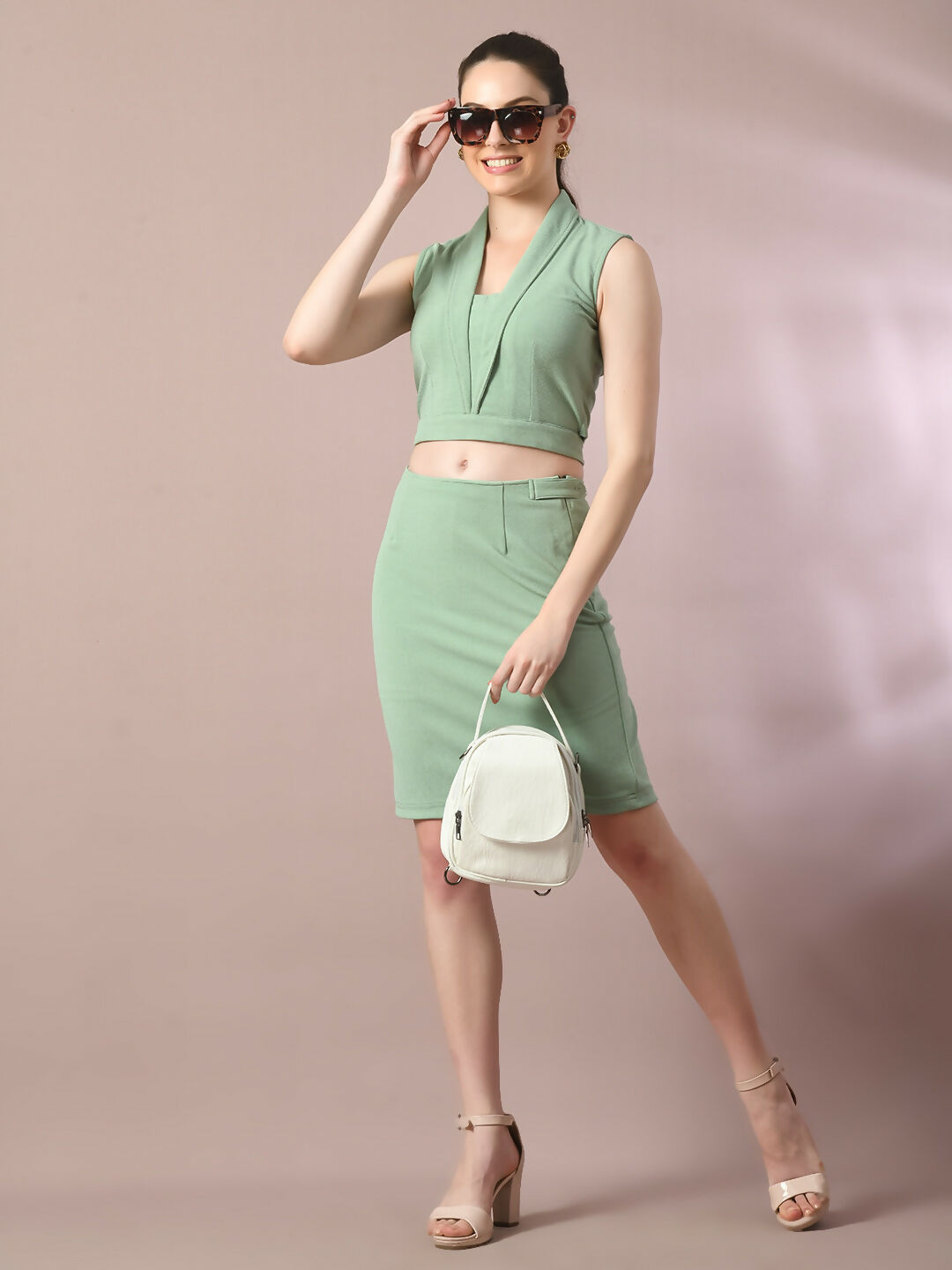 Myshka Women's Sea Green Solid Shawl Neck Party Top With Skirt Co-ord set