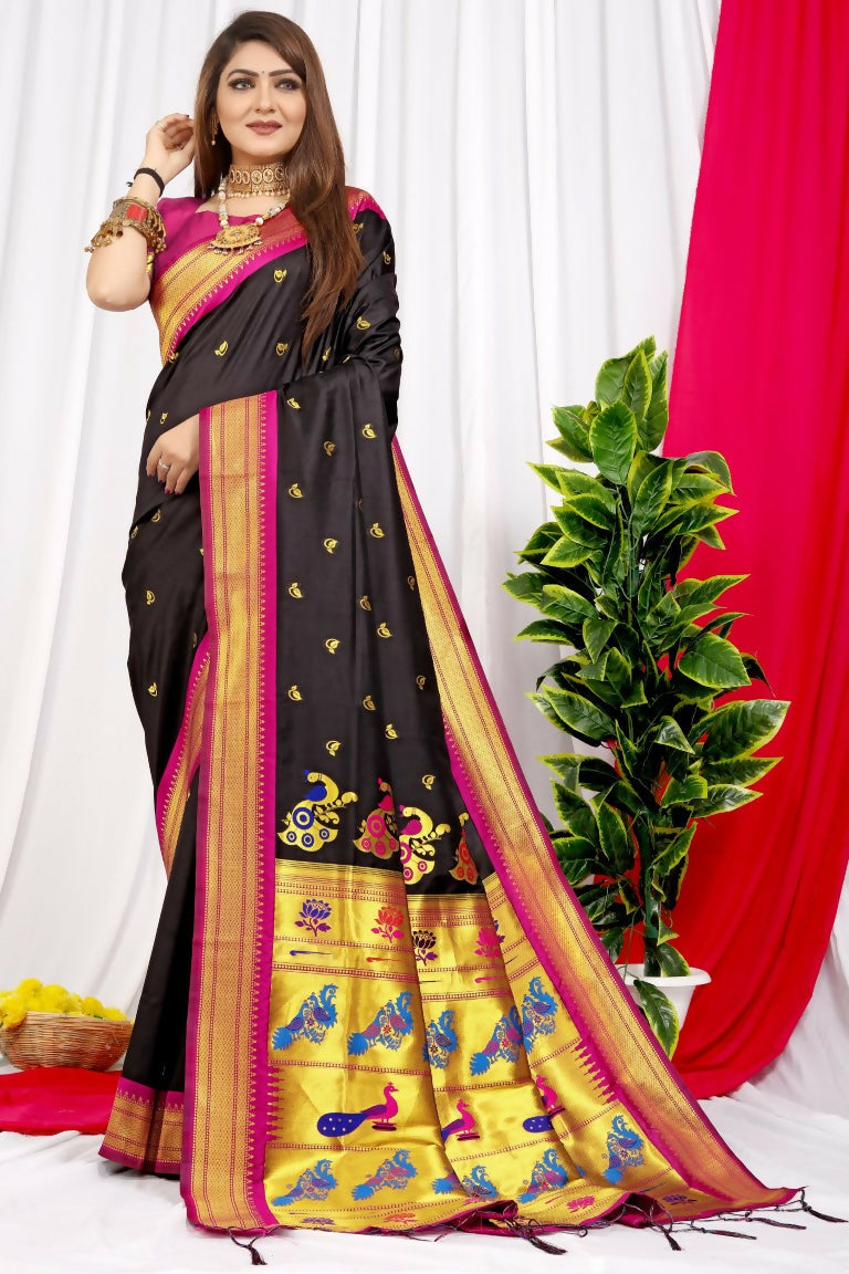 Jyoti Fashion Women's Black Paithani Silk Zari Woven Saree with Blouse