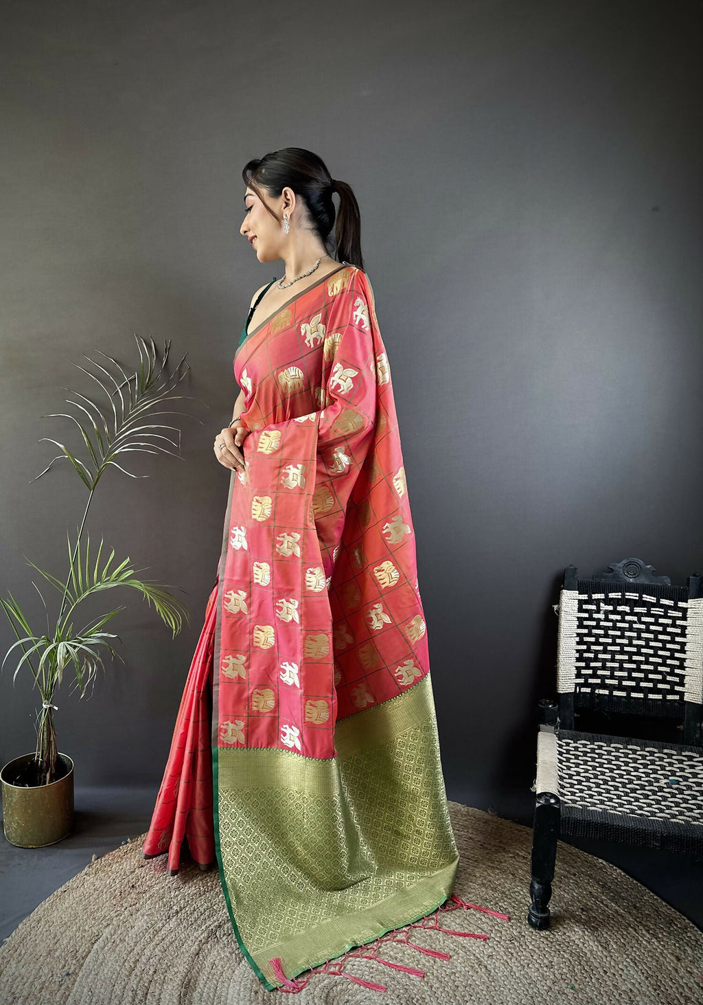 Joban Fashion Orange Elephant Motif Soft Silk Banarasi silk Saree - Distacart