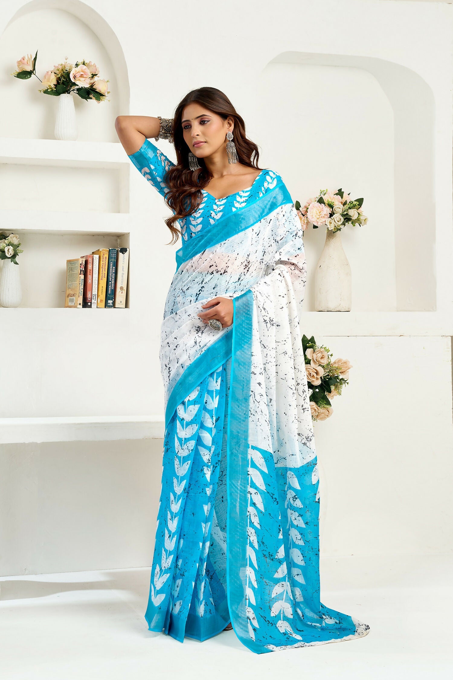 Joban Fashion White Leaf Linen Ready To Wear Saree With Unstitched Blouse - Distacart