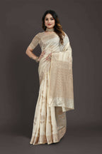 Off White Pure Raw Silk Zari Woven Saree with Unstitched Blouse Piece - Alisha
