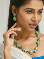 Nuyug Antique Silver Plated Crystal Studded Faux Jade Stones Embellished Necklace Set