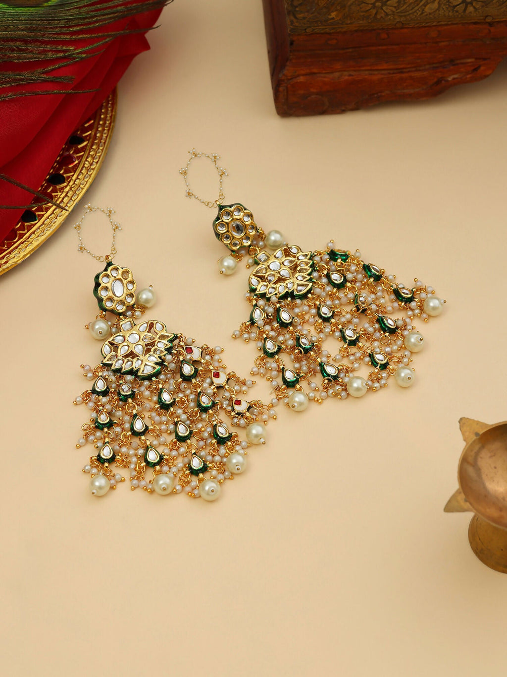 Ruby Raang 22k Gold Polished Kundan Chand Earrings With Ear Chains - Distacart