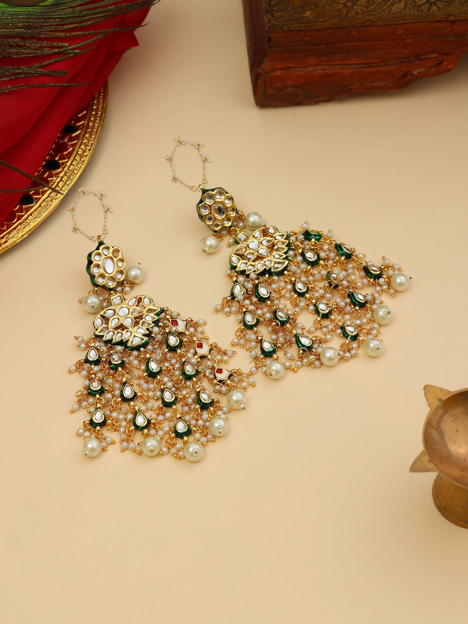 Ruby Raang 22k Gold Polished Kundan Chand Earrings With Ear Chains - Distacart