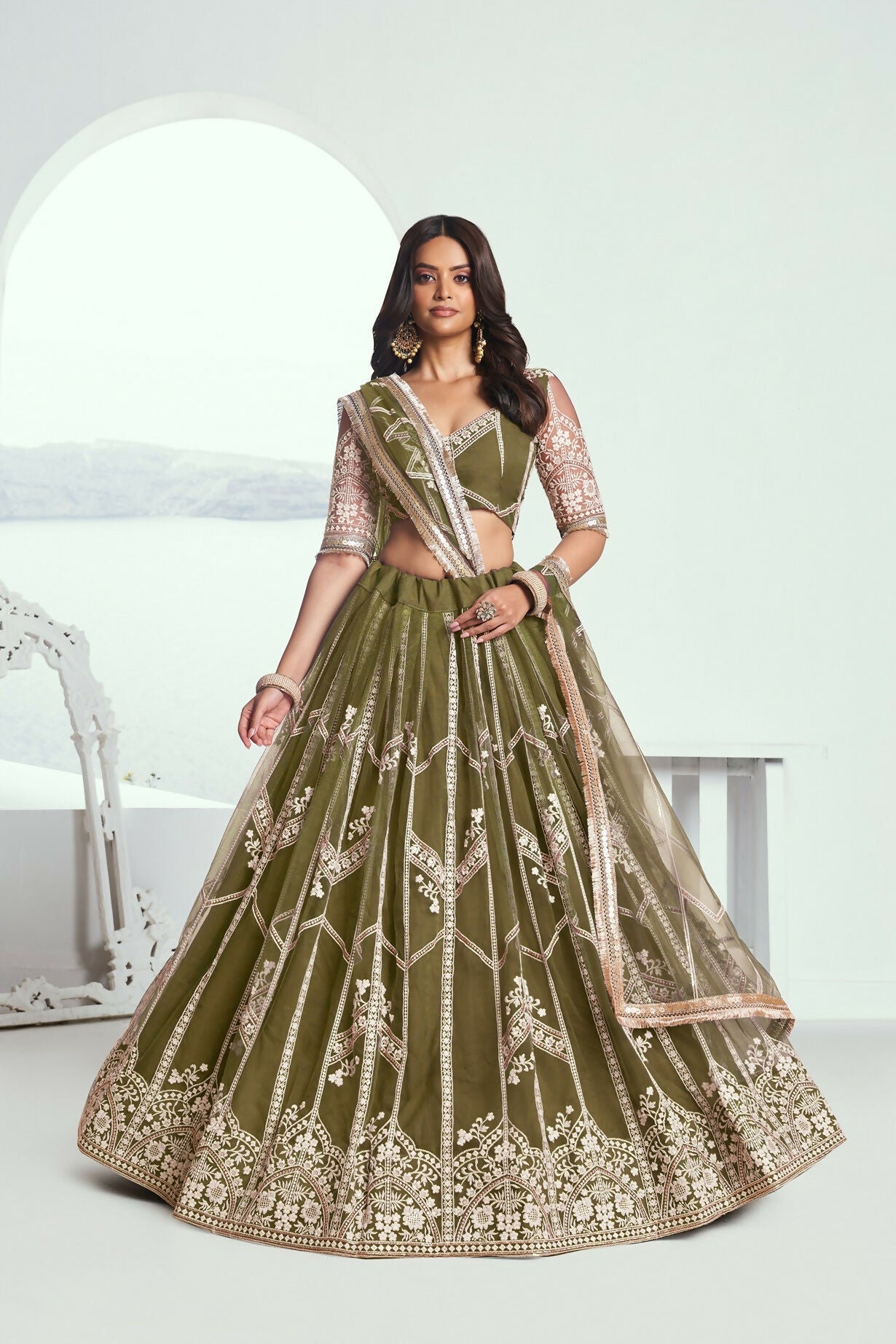 Eilara Adorable Olive Green Sequins Net Mehendi Wear Lehenga Choli