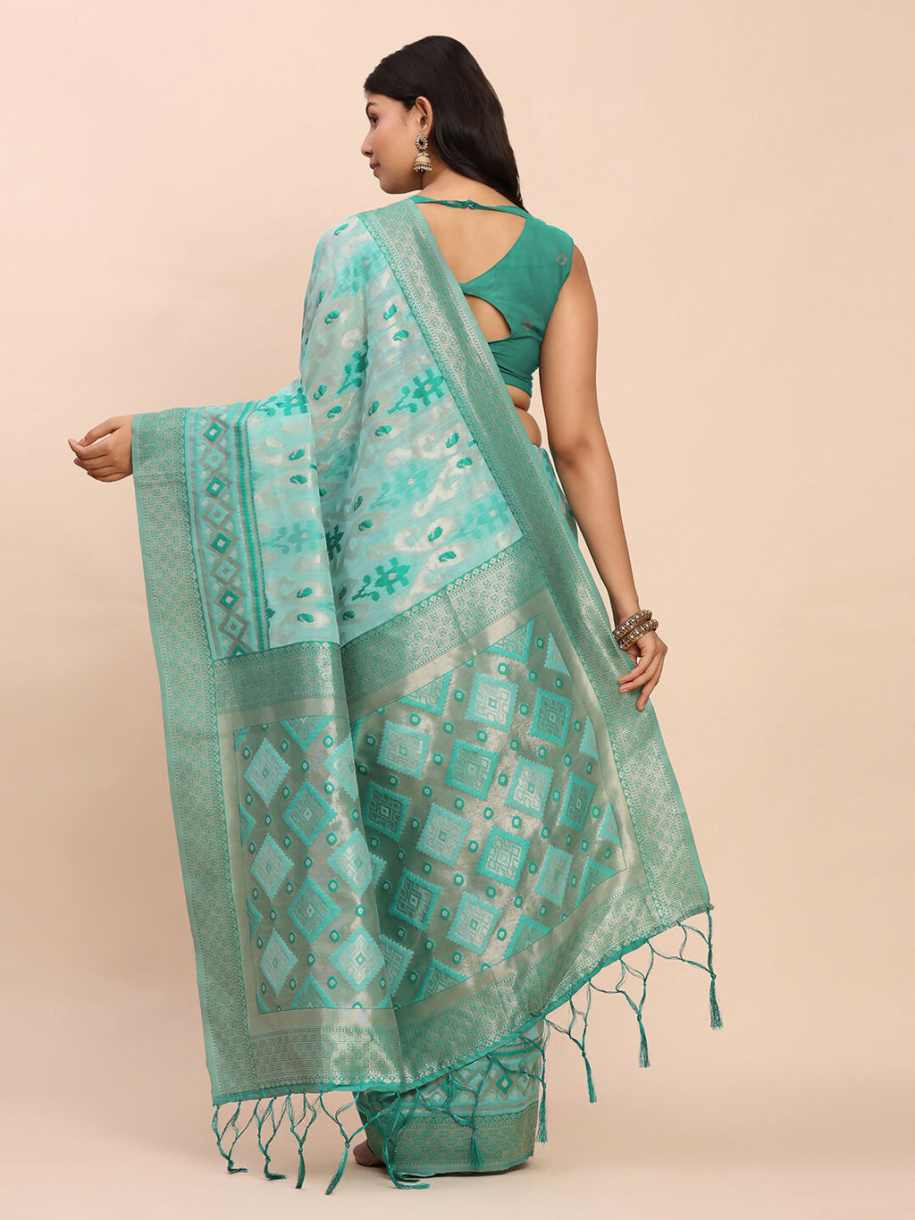 Shree Shyam Fashion Linen Cotton Sea Green Saree - Distacart