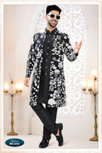 Joban Fashion Men's Black Straight Georgette Thread Embroidery All Over 3 Pc Kurta Set
